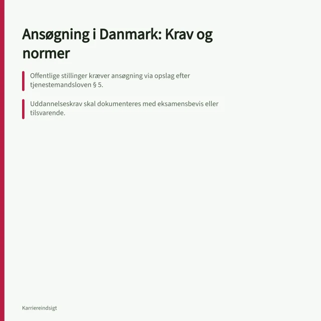 Ansøgning i Danmark: Krav og normer: Offentlige stillinger kræver ansøgning via opslag efter tjenestemandsloven § 5.; Uddannelseskrav skal dokumenteres med eksamensbevis eller tilsvarende.; Ansøgere til offentlige stillinger har ret til at få svar, også hvis afvist. Ansøgningen på dansk: Hvilke formelle krav og normer gælder?